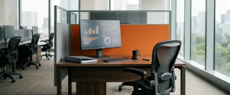 Empty office workstation with an unused dashboard on the monitor and an orange partition panel behind