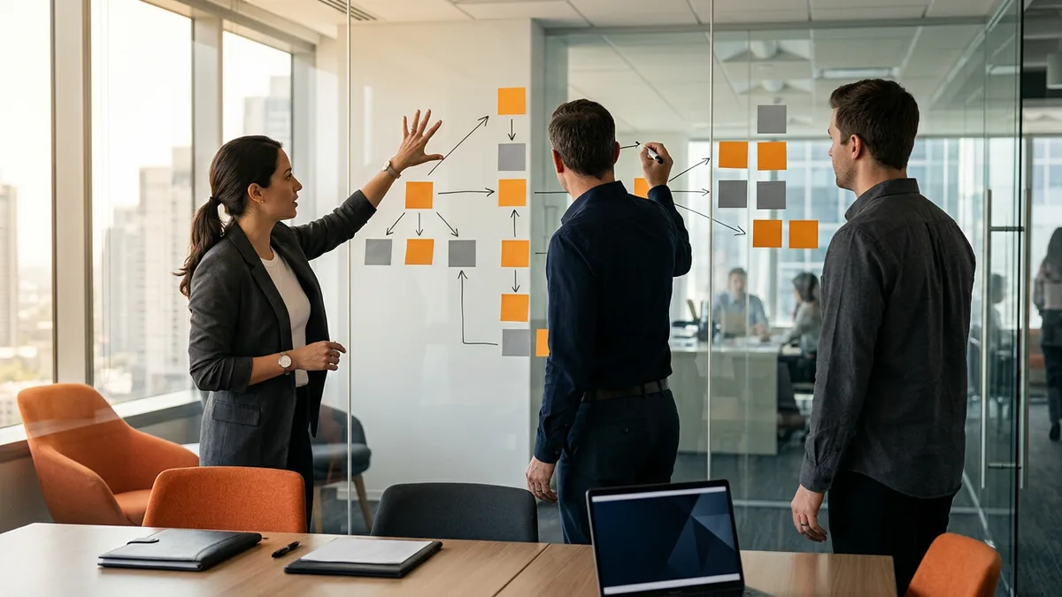 Three colleagues mapping a business process with orange and gray sticky notes and arrows on a glass wall