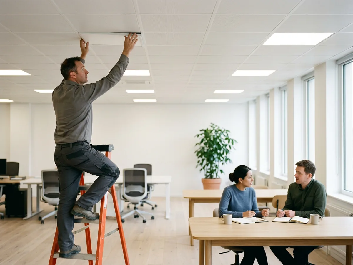 Facilities electrician on an orange stepladder fitting a ceiling light panel in a bright office while two colleagues keep working at a table, the keep-the-lights-on work that software maintenance services take over