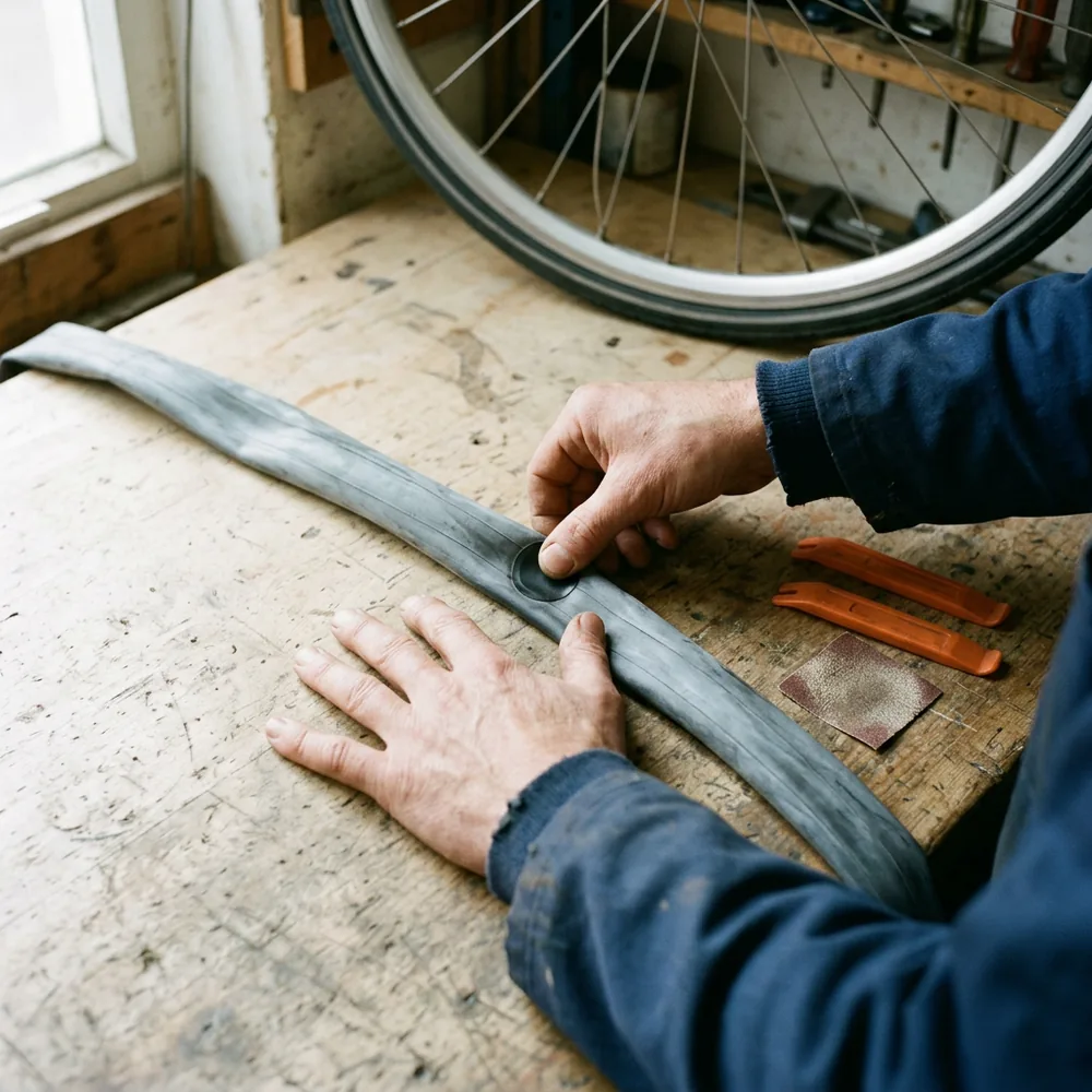 Two hands pressing a round rubber patch onto a bicycle inner tube on a worn wooden workbench beside two orange tyre levers, a small careful repair like the patches software maintenance engineers ship