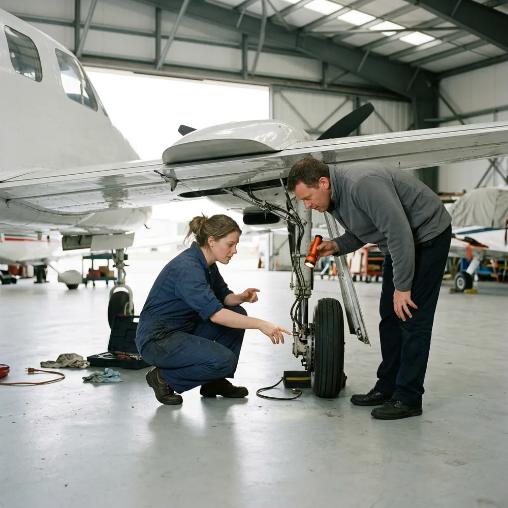 Aircraft mechanic in navy coveralls crouching to point at a landing gear wheel while an engineer leans in with an orange flashlight in a hangar, the kind of walk-around that starts a sustaining engineering takeover