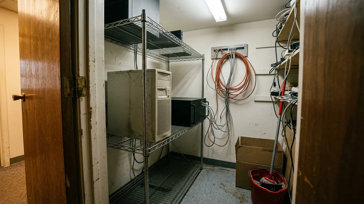 Dusty beige tower server on a wire shelf in an office utility closet with coiled orange network cable and a red mop bucket