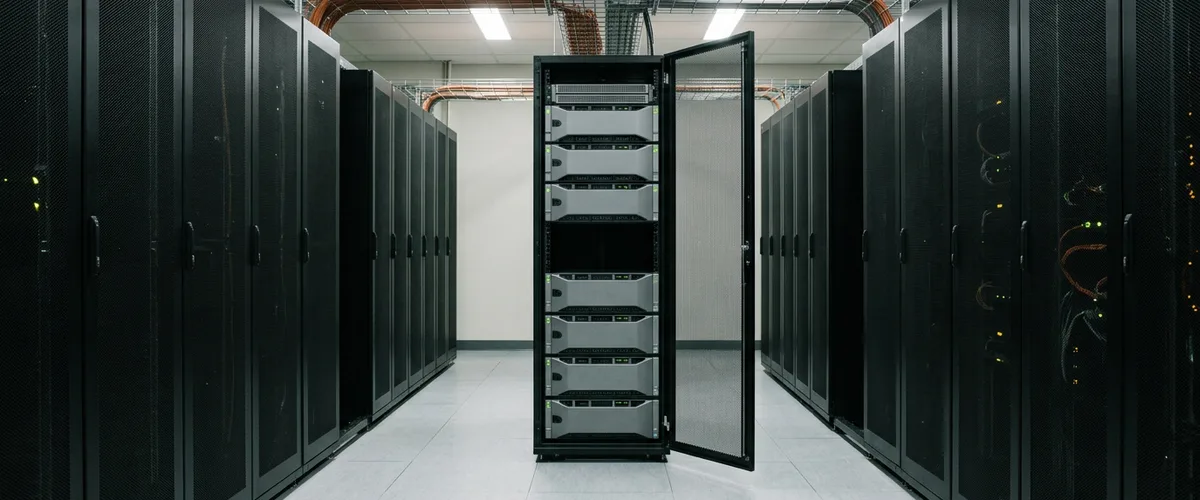 Open server rack at the end of a data center aisle with one empty slot between grey rack servers and orange cabling overhead