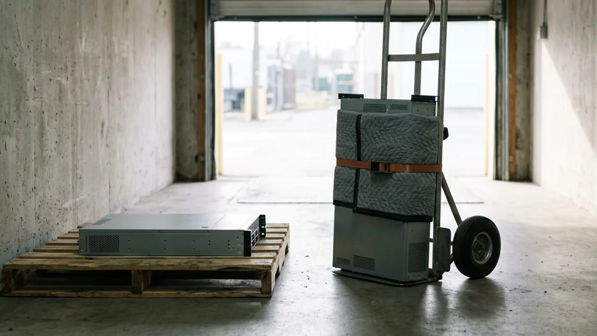 Server wrapped in a grey moving blanket strapped to a hand truck beside a rack server on a pallet near an open loading dock door