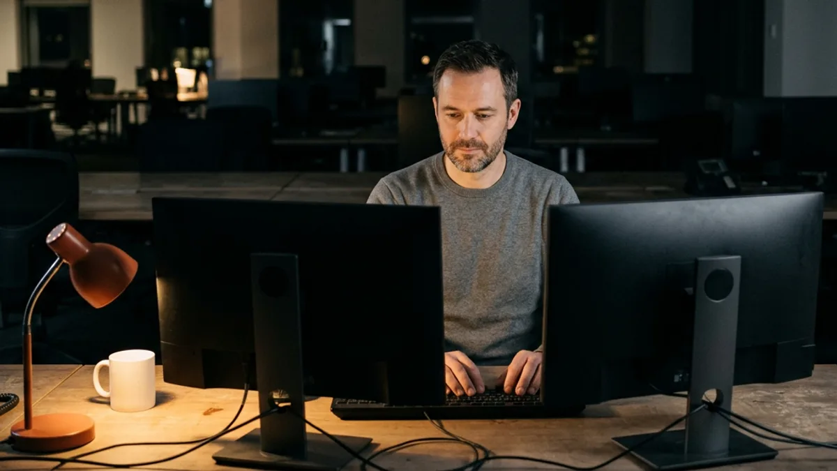 Database administrator in a grey sweater typing behind two monitors in a dark empty office at night beside an orange desk lamp