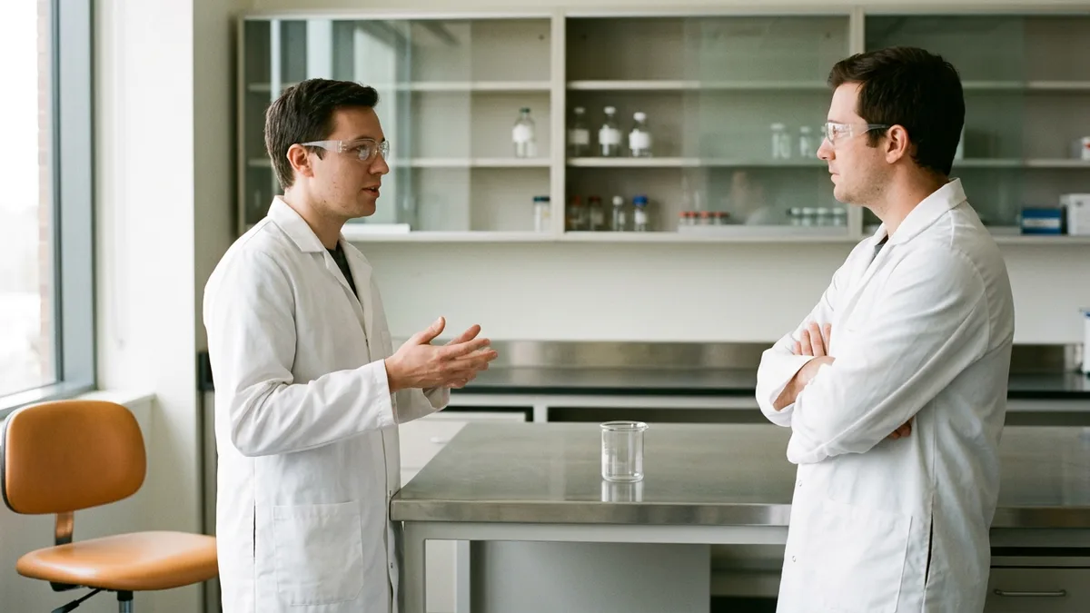 Two lab professionals in white coats and safety glasses talking at a stainless steel bench, one gesturing and one listening with arms folded