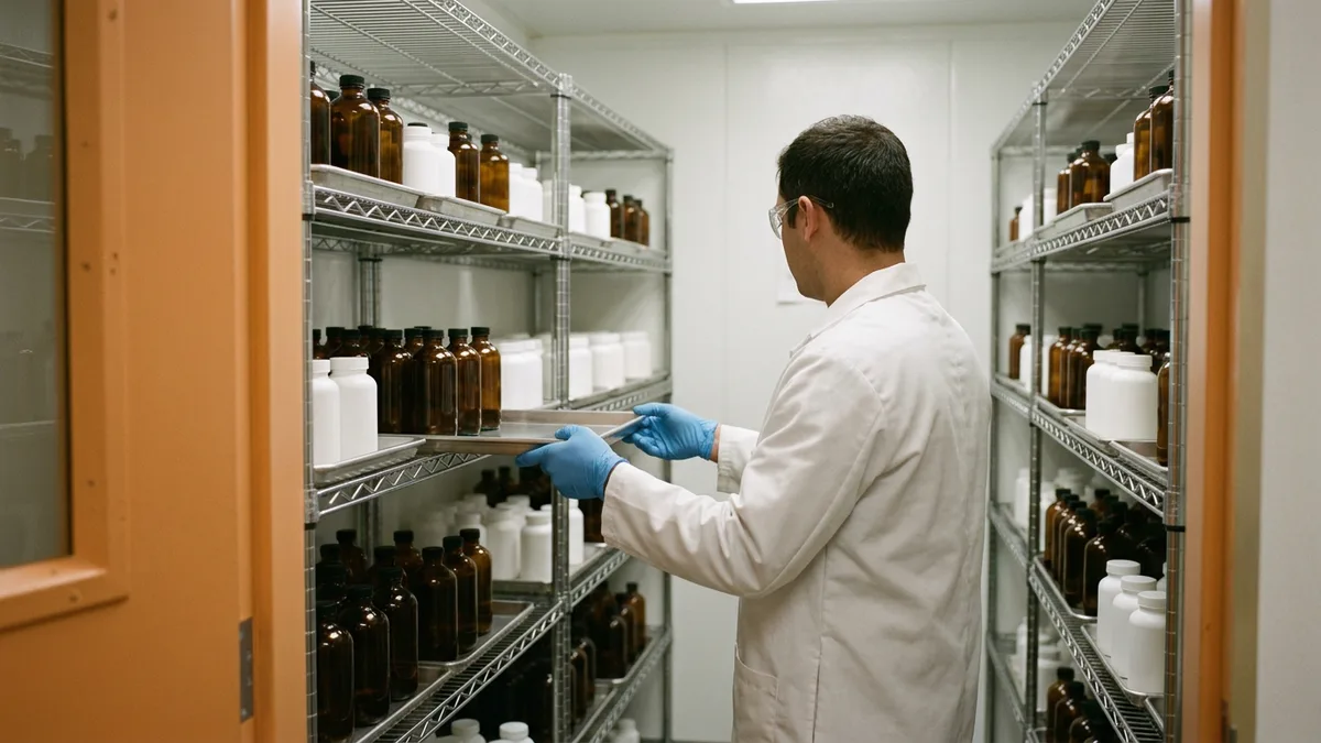 Technician in a white lab coat and blue gloves sliding a tray of plain amber and white sample bottles off a shelf in a pharmaceutical stability storage room