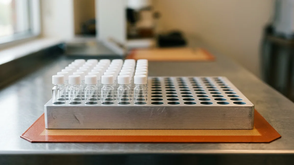 Silver autosampler rack on a stainless steel bench with the left half full of capped glass vials and the right half empty