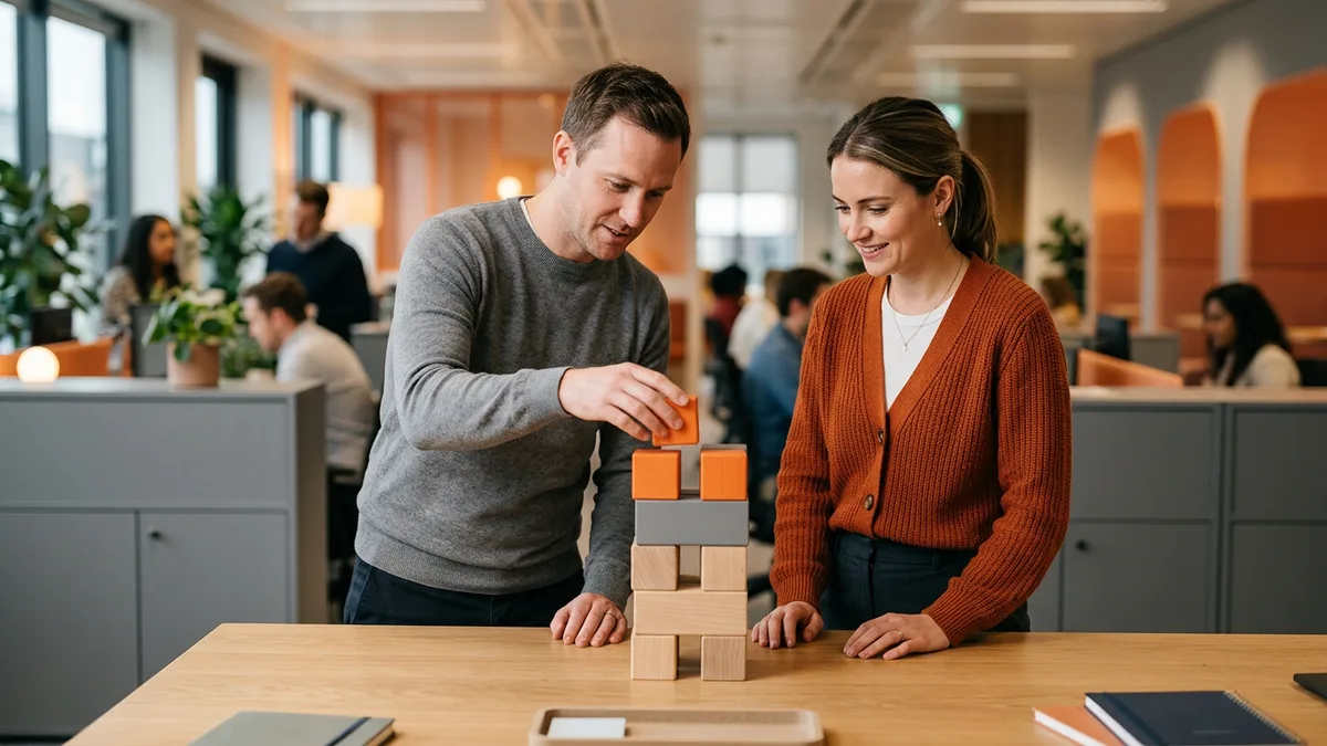 Two colleagues stacking wooden, gray, and orange blocks in three layers to illustrate how a cost-plus staffing rate is built from pay, burden, and markup