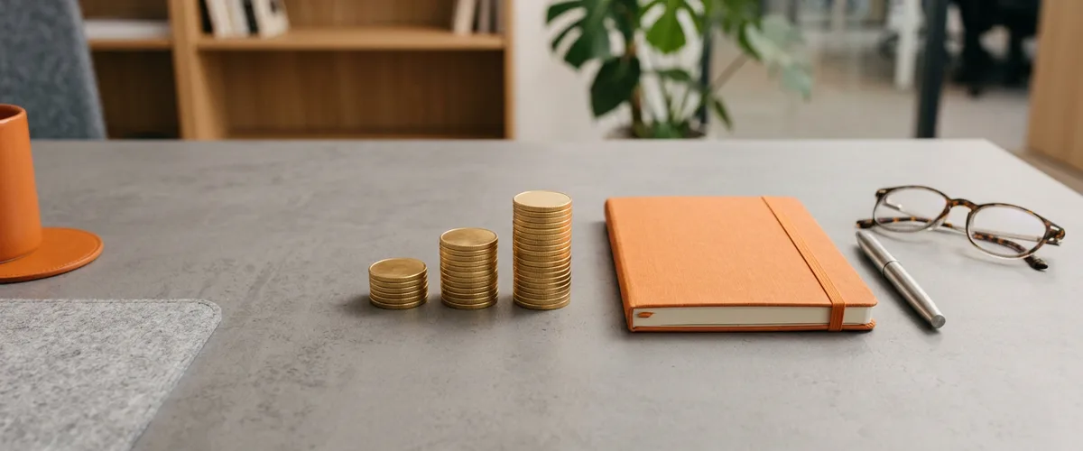 Three stacks of gold coins of increasing height beside an orange notebook on a gray desk, representing three staff augmentation pricing models