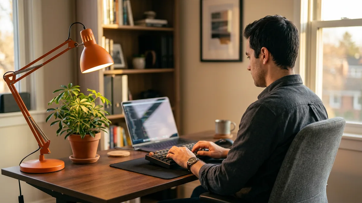 Remote software engineer working from a home office under an orange desk lamp, the kind of augmented contractor often quoted at a monthly per-seat price
