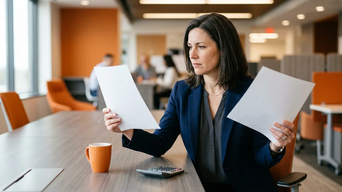 Engineering director in a navy blazer comparing two staff augmentation vendor quotes side by side at a conference table, with a calculator and orange mug