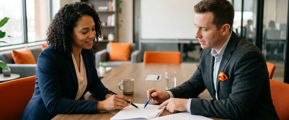 Hiring manager and staffing agency recruiter reviewing a staffing agreement contract together at a conference table