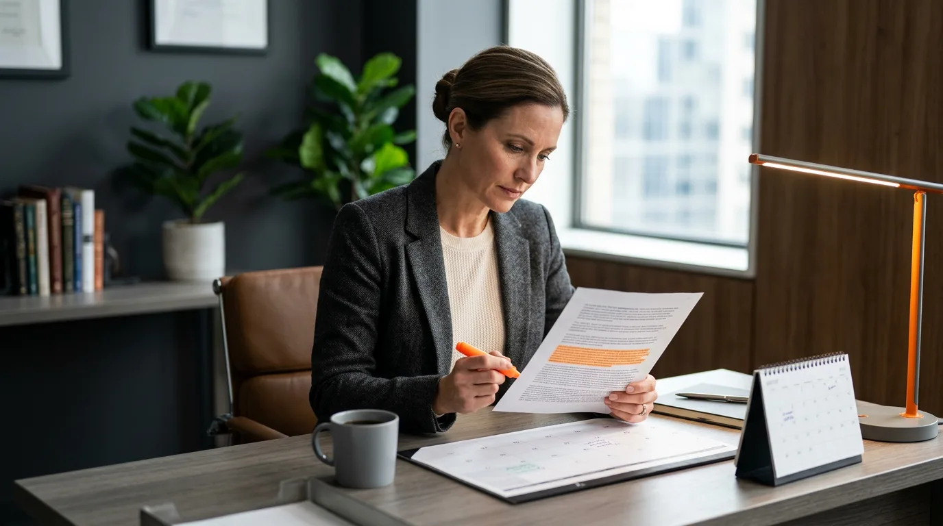 Hiring manager highlighting a clause on a printed staffing agreement at her desk