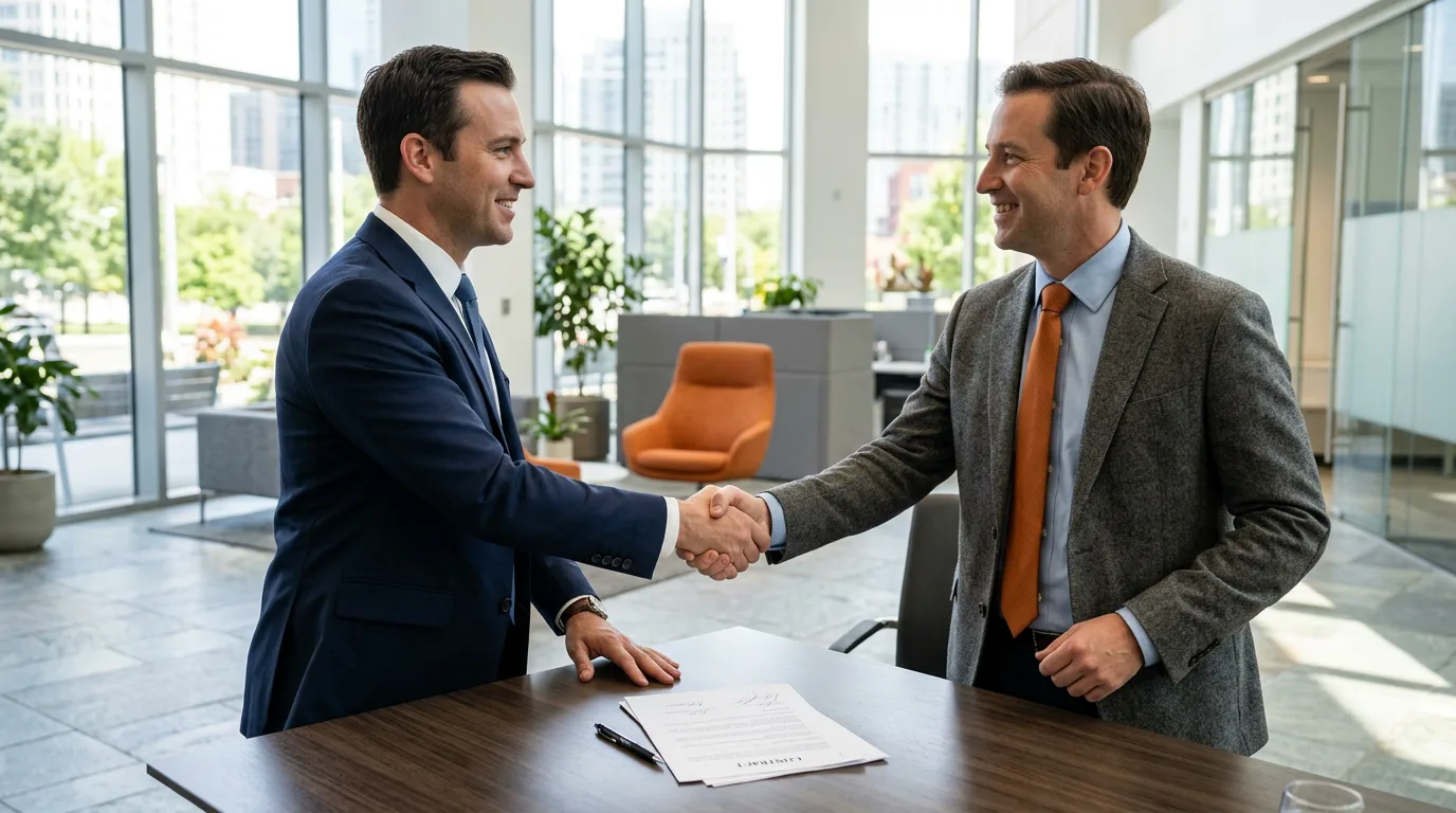 Two business professionals shaking hands over a signed staffing agreement contract