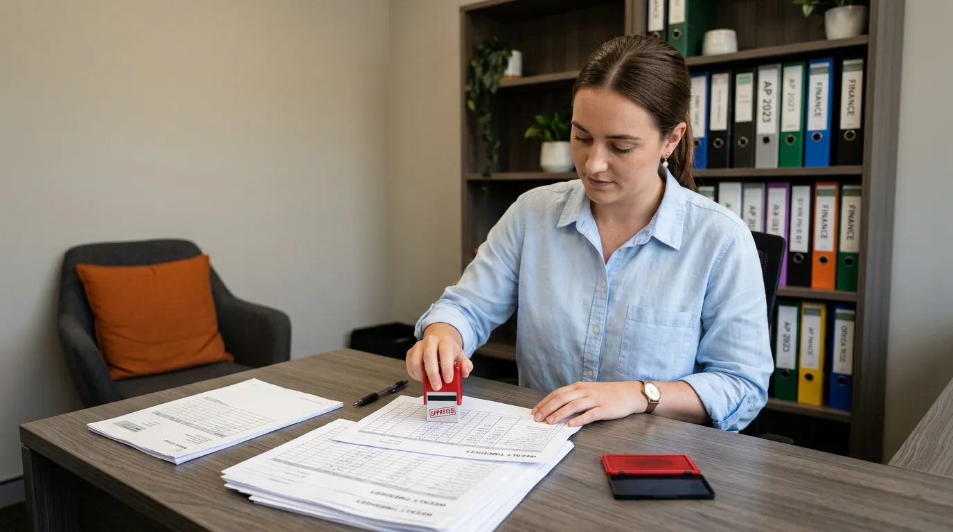 Accounts payable analyst stamping approved contractor timesheets before invoicing