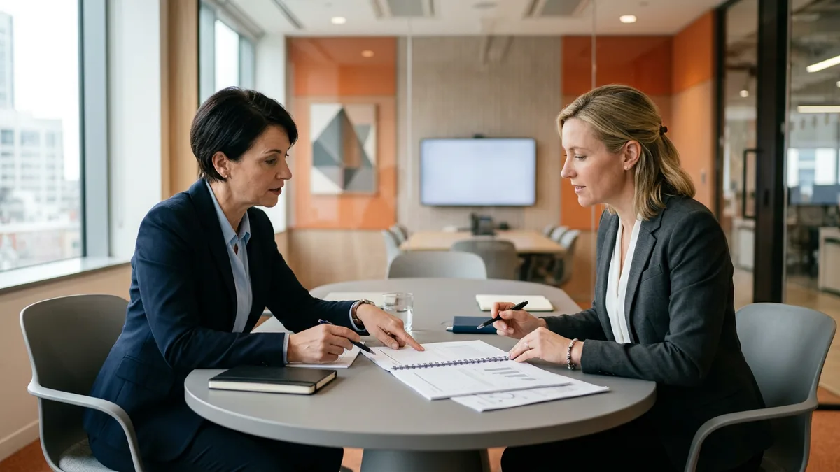 Finance director and engineering director reviewing a printed project budget at a conference table to plan contract staffing without new headcount