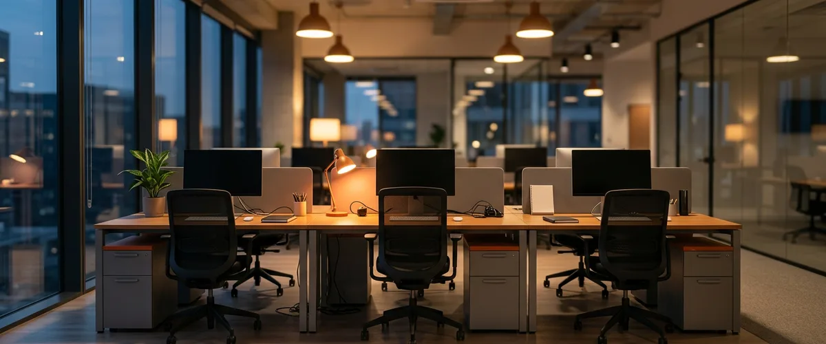 Open-plan office with four workstations in warm lamplight and one empty chair, representing a project team staffed without new permanent headcount
