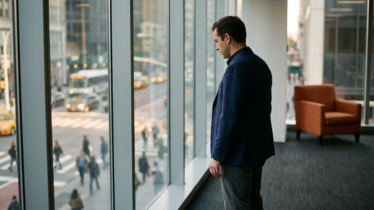 Hiring manager in a navy blazer standing at an office window and looking down at the street while weighing three staffing quotes