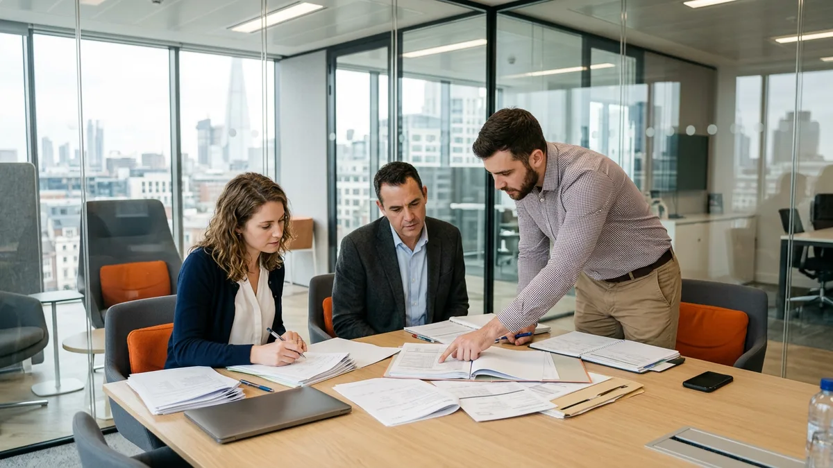 Three colleagues in a glass walled conference room reviewing stacks of printed customs entry summaries spread across a table