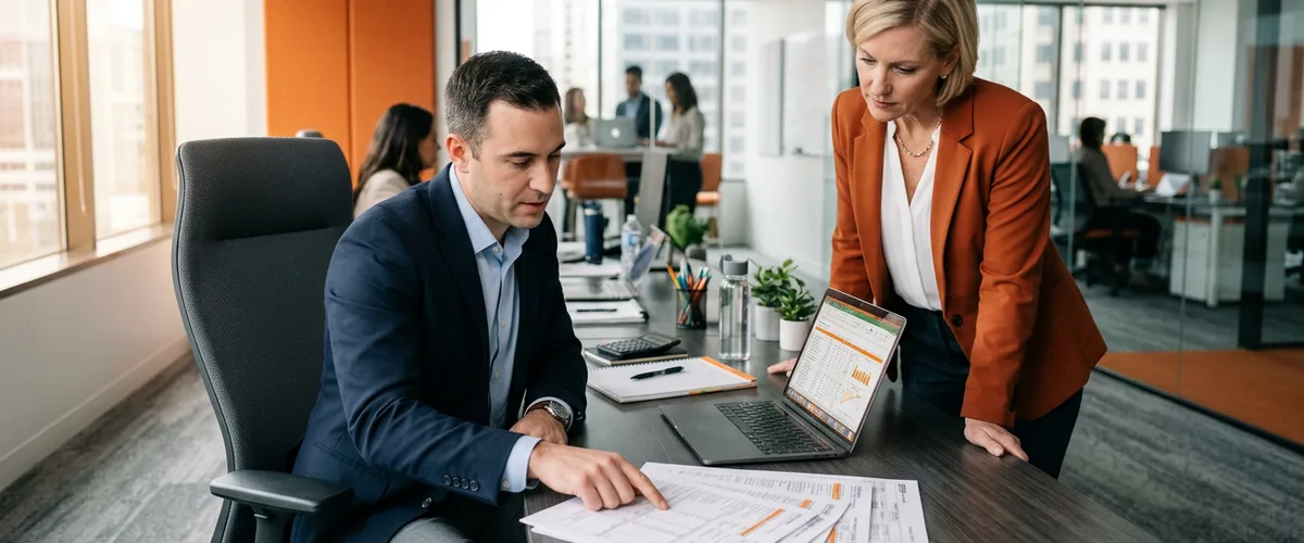 Trade compliance analyst and accountant reviewing printed import duty documents and a laptop at a desk in an orange accented finance office