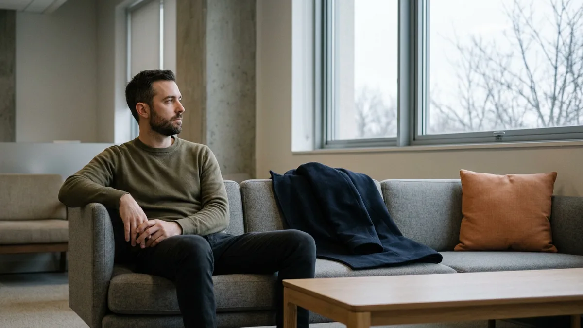 Tech candidate in an olive sweater waiting on a gray sofa in an office lounge in early winter, illustrating year-end hiring delays