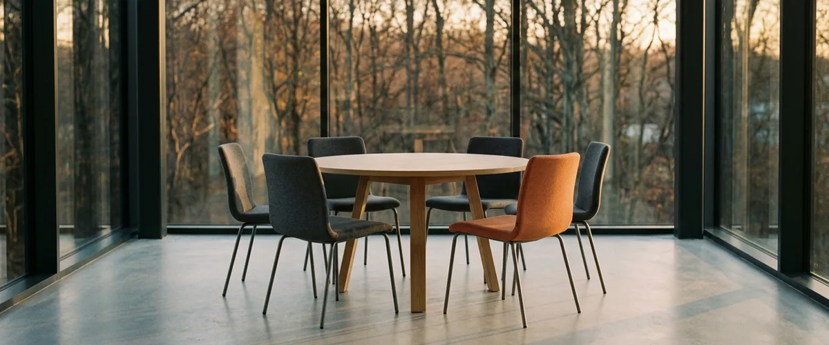 Empty round oak meeting table with gray chairs and one orange chair in a glass-walled room at autumn dusk, for the tech job market forecast Q4 2026
