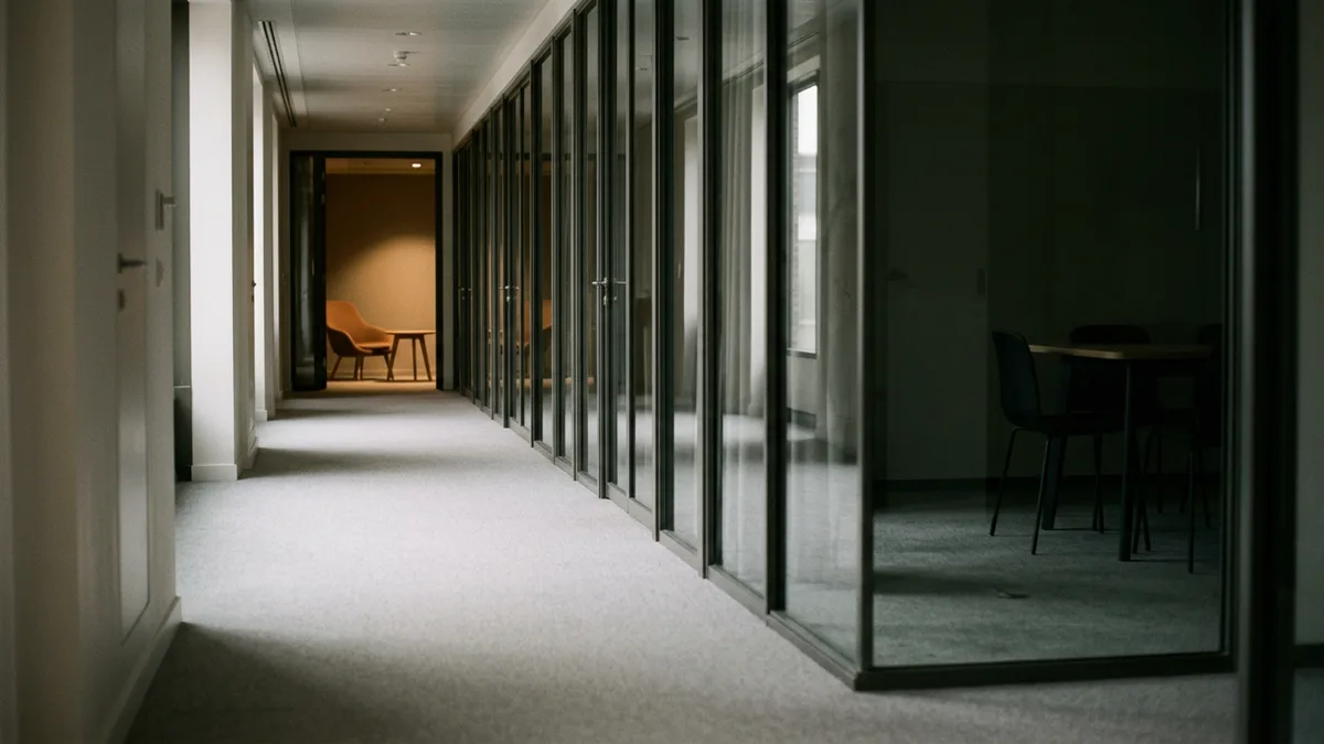 Dim office corridor of empty glass meeting rooms with one lit room and an orange chair at the far end, illustrating Q4 2026 hiring freezes