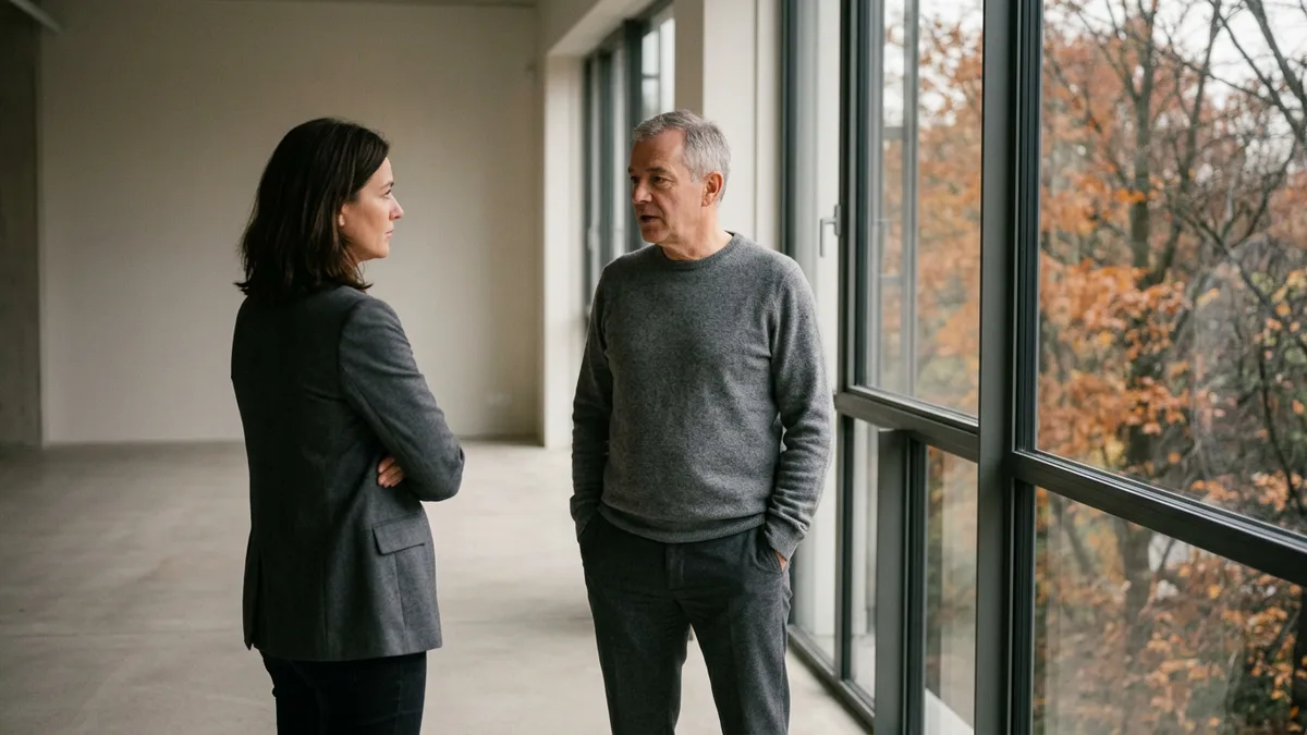 Two technology leaders talking beside a tall office window with autumn trees outside, discussing Q4 2026 tech hiring plans