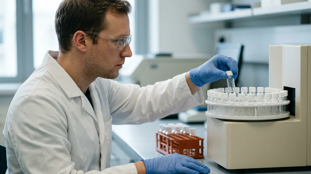 Analytical chemist in safety glasses placing a vial into an autosampler tray in a QC lab