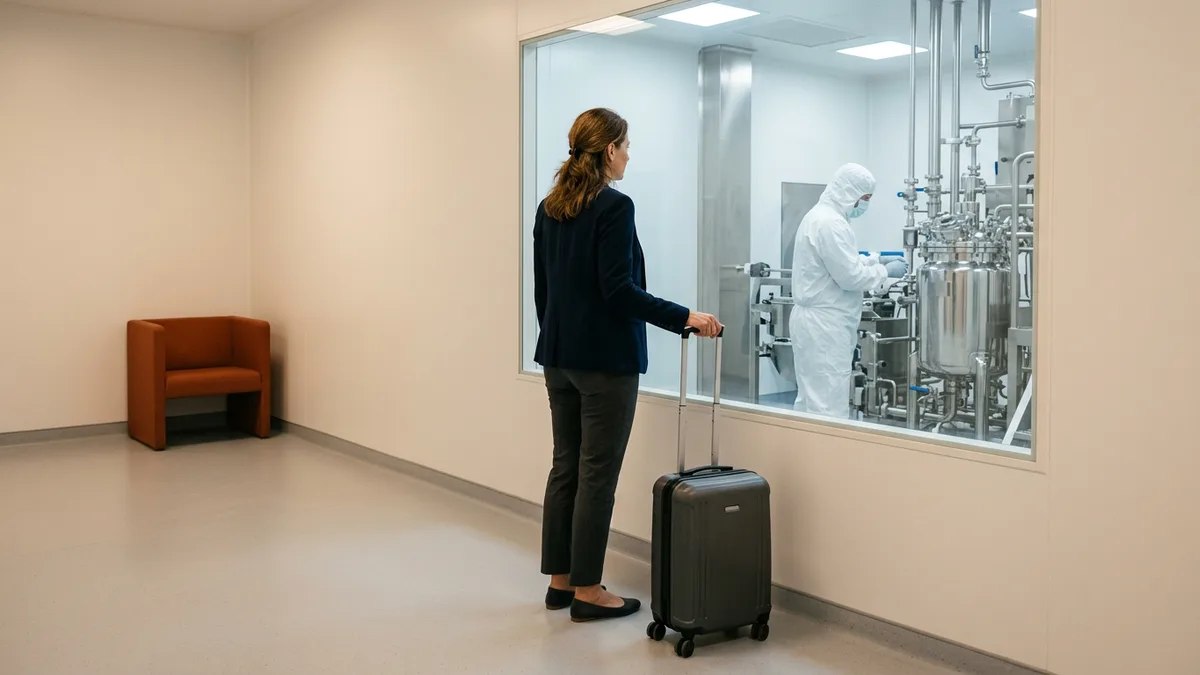 Engineer with a rolling suitcase looking through a corridor window into a pharmaceutical manufacturing suite