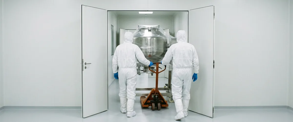 Two gowned workers rolling a wrapped stainless steel bin blender into a pharmaceutical manufacturing suite