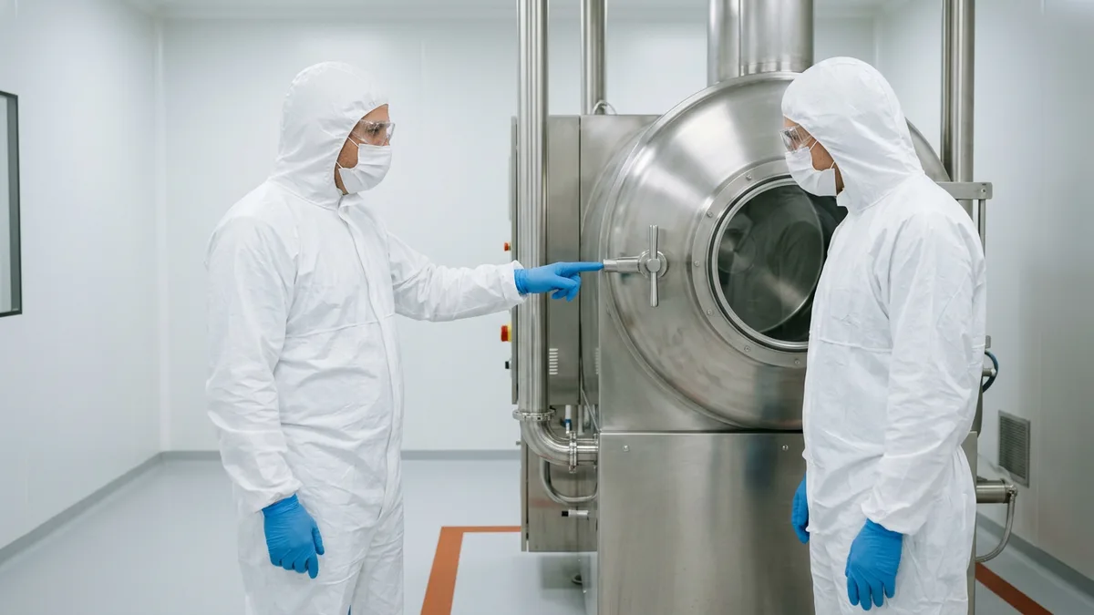Gowned trainer pointing out a valve on a stainless steel fluid bed dryer to a receiving-site operator