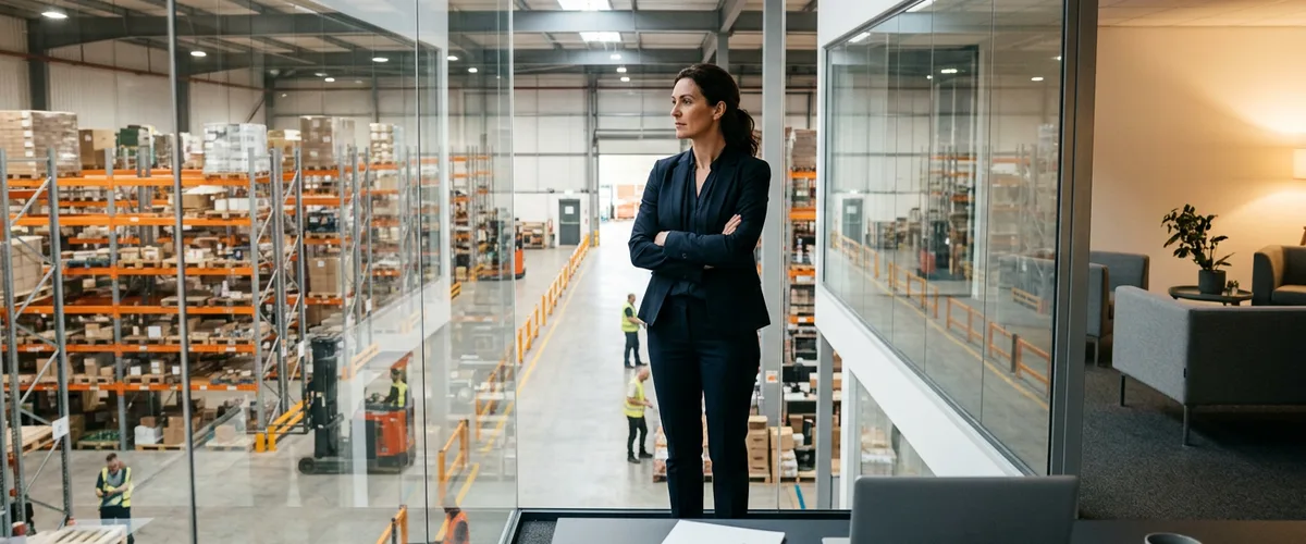 Operations manager in a mezzanine office overlooking a distribution warehouse floor, weighing contract staffing after the September 2026 jobs report
