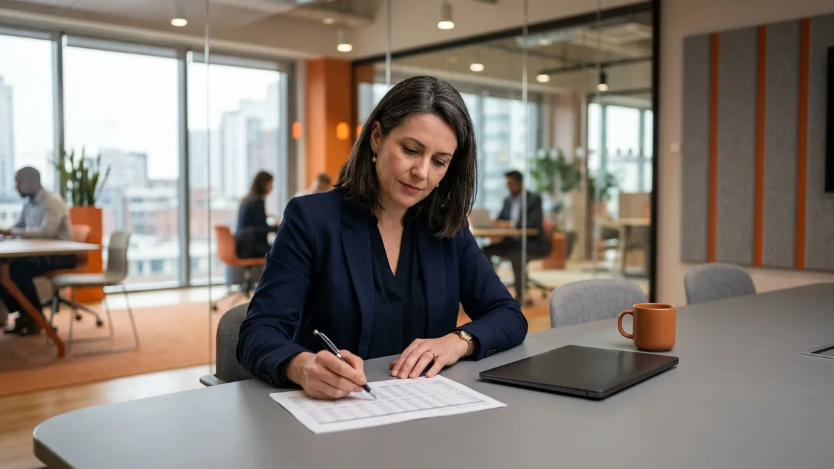 Finance director at a conference table marking up a printed table of the September 2026 temp help jobs data
