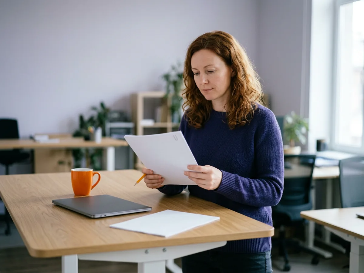Workforce planner in an indigo sweater stands at a standing desk reading a stapled printed report with a pencil, an orange mug and a closed laptop beside her