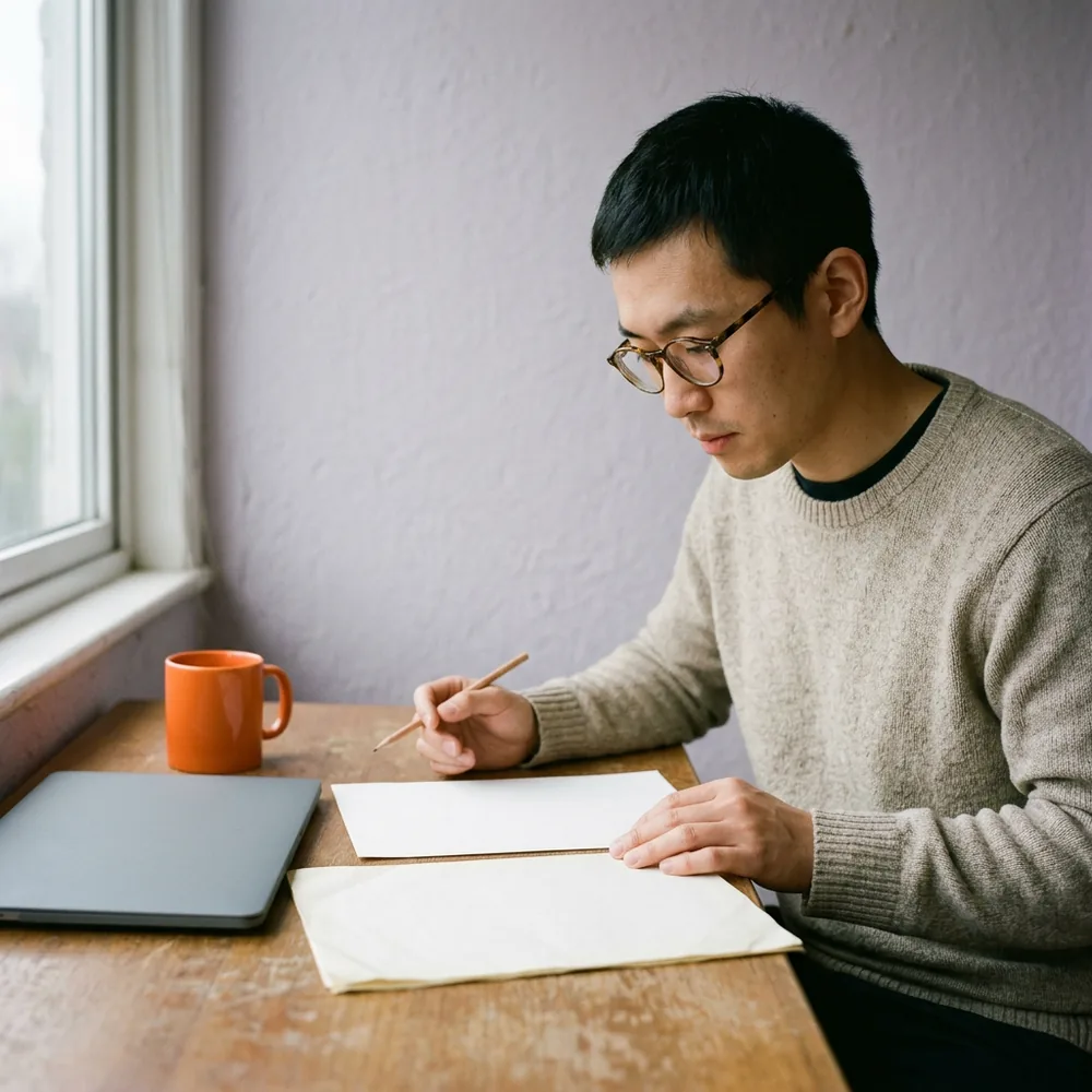 Data analyst in round glasses compares an older creased sheet with a newer one at a wooden desk, pencil in hand, beside a closed laptop and an orange mug