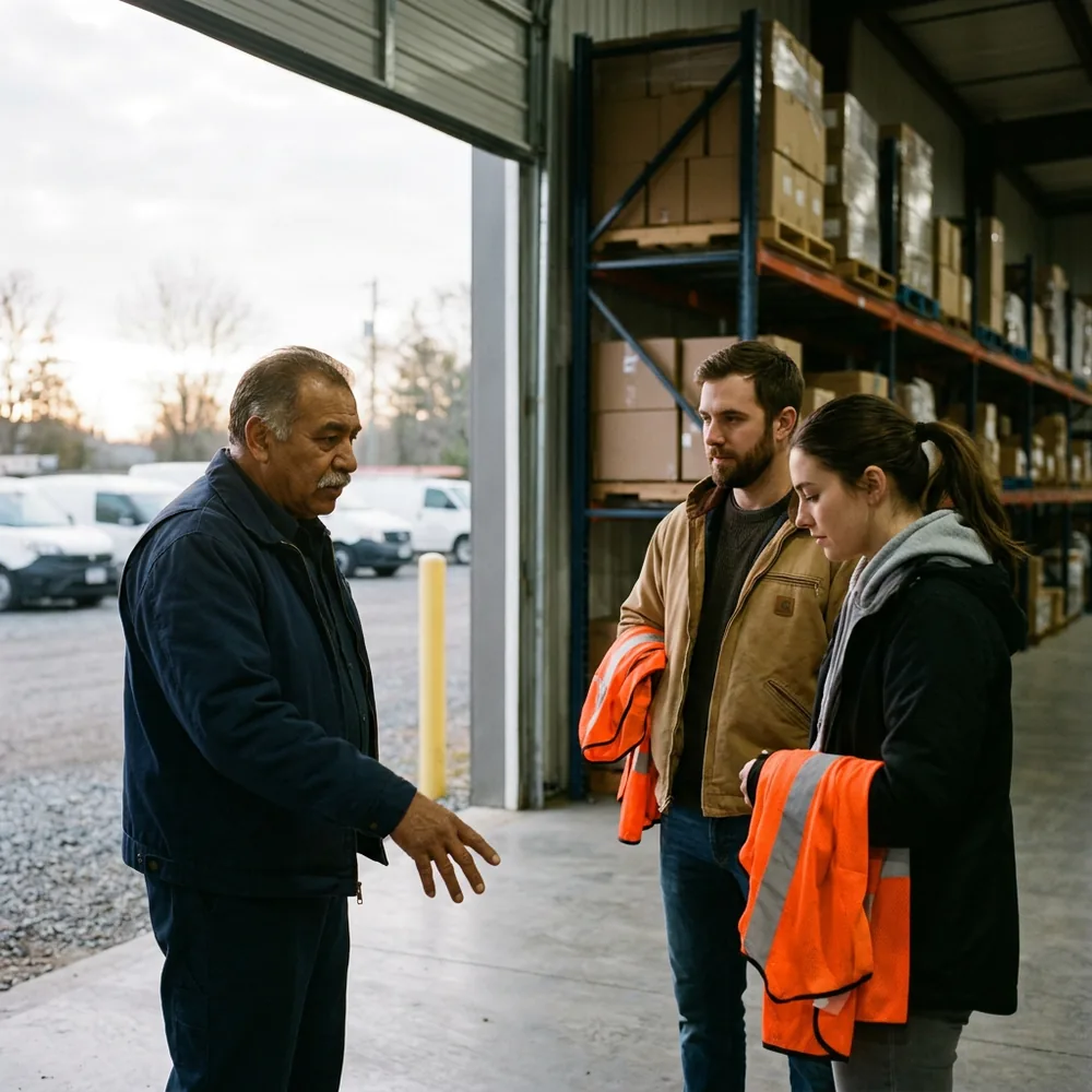 Shift lead in a navy work jacket greets two newly arrived temporary workers holding orange safety vests at the open door of a distribution warehouse