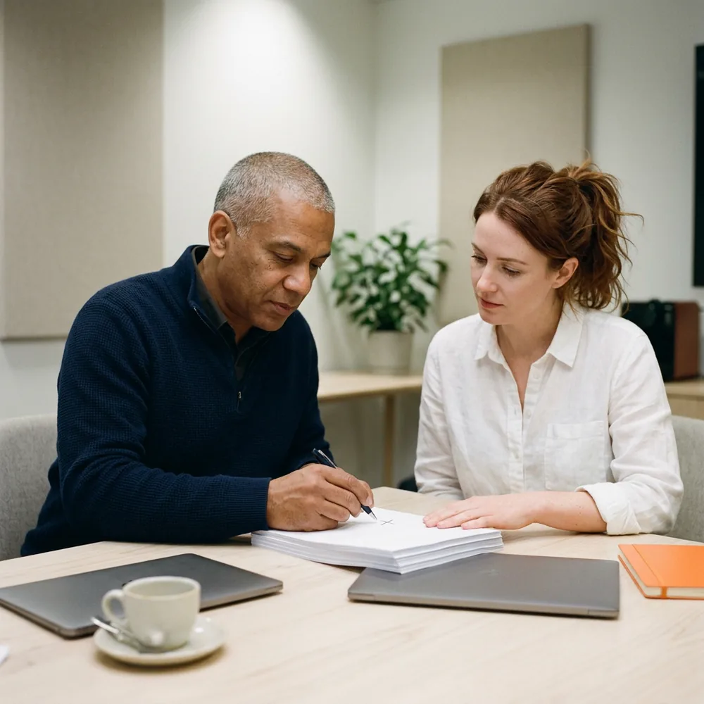 Client approver in a navy sweater initials the corner of the top page of a blank printed stack while a recruiter in a white shirt rests a hand on the edge of the stack at a pale wood table