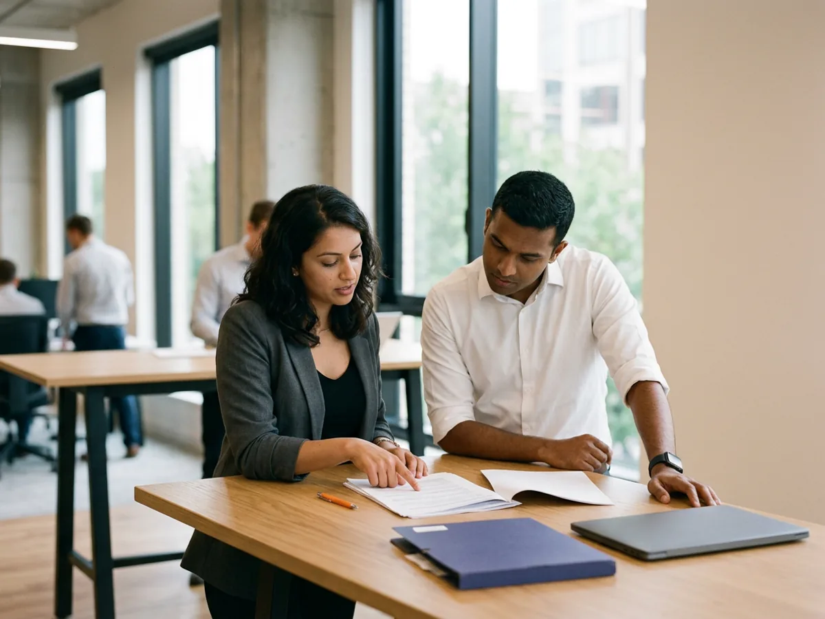Controller in a charcoal blazer points at a printed page while a hiring manager in a white shirt looks on, with an orange pen, an indigo folder and a closed laptop on a standing oak table
