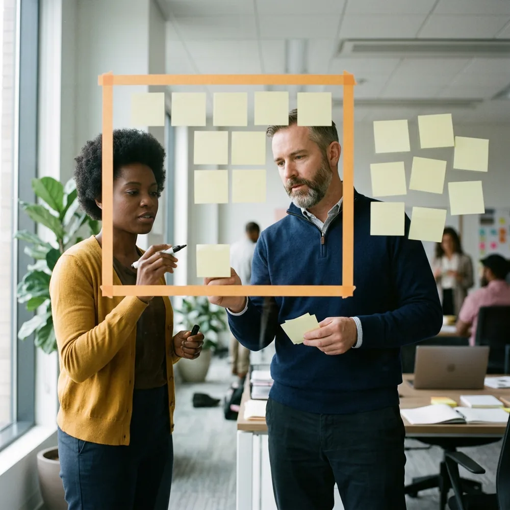 NetSuite administrator in a mustard cardigan and project manager in a navy quarter-zip sort blank sticky notes on a glass wall, most inside a rectangle of orange tape and the rest outside it
