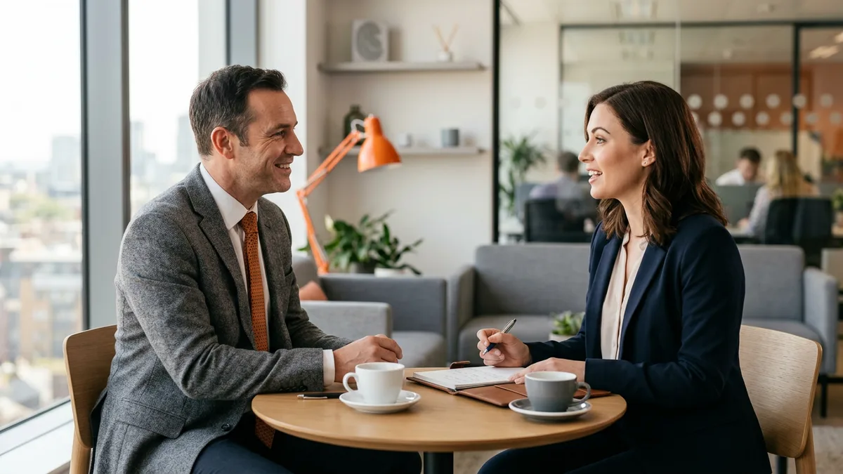 Hiring manager in a gray blazer and orange tie interviewing a trade compliance analyst candidate across a small round table