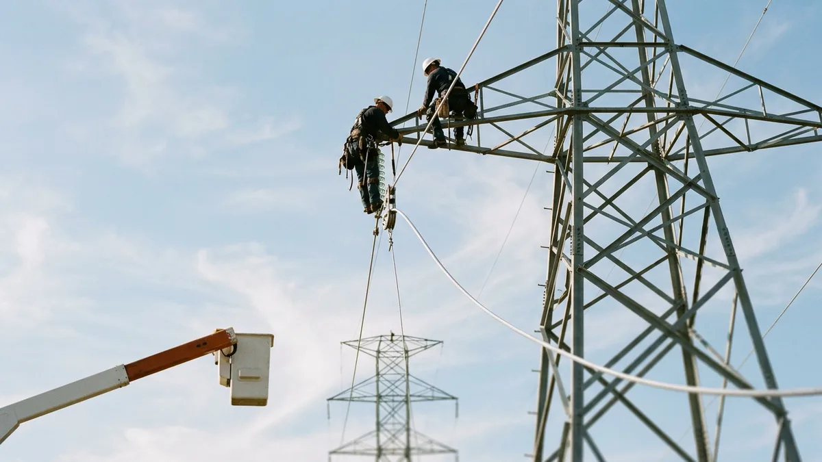 Two linemen in harnesses and white hard hats pulling new aluminum conductor through a stringing block on a steel lattice transmission tower crossarm
