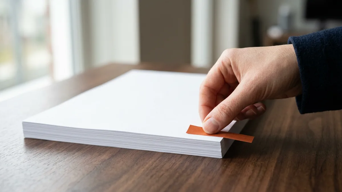 A hand pressing a burnt orange page flag onto the edge of a stack of white paper on a walnut table
