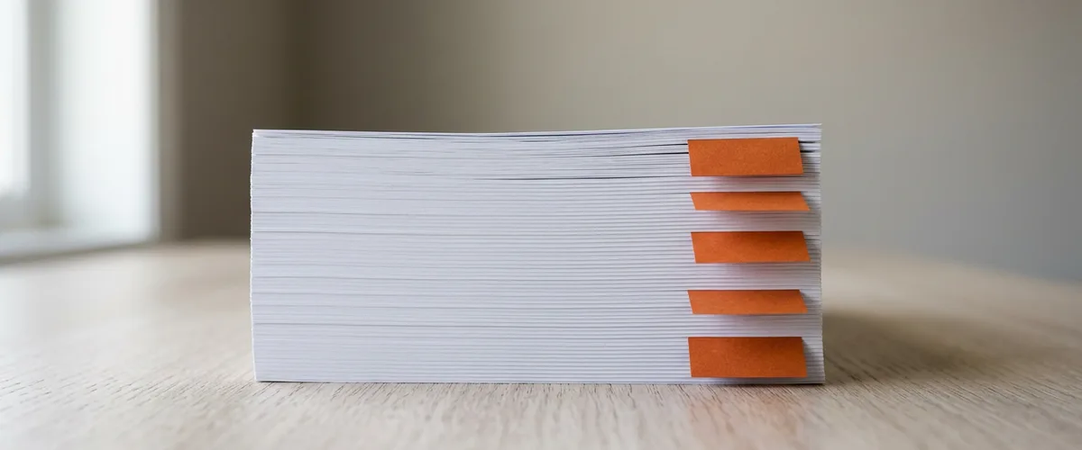 A stack of plain white pages on a pale oak desk seen from the side, with five burnt orange page flags along its right edge