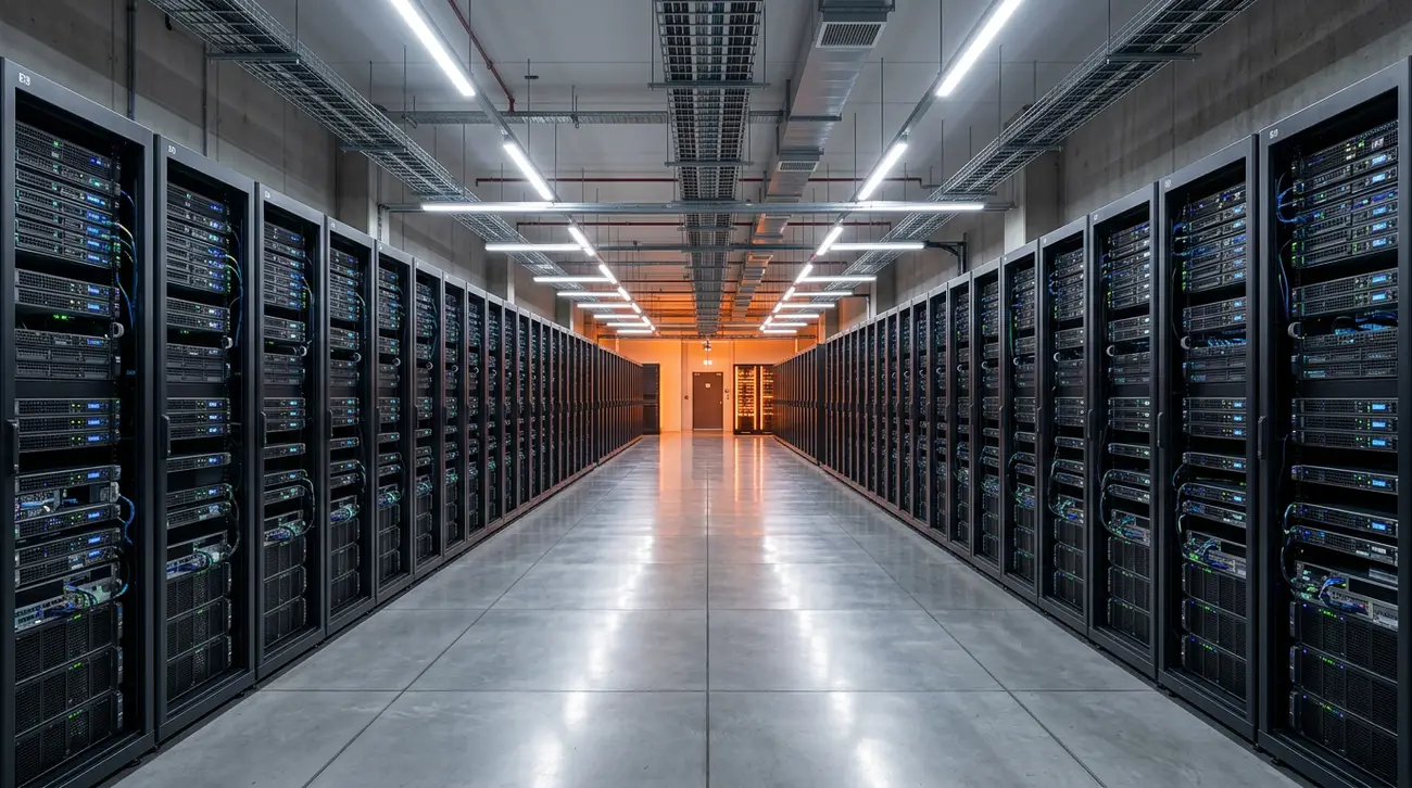 Rows of server racks in a data center housing VMware workloads targeted for migration