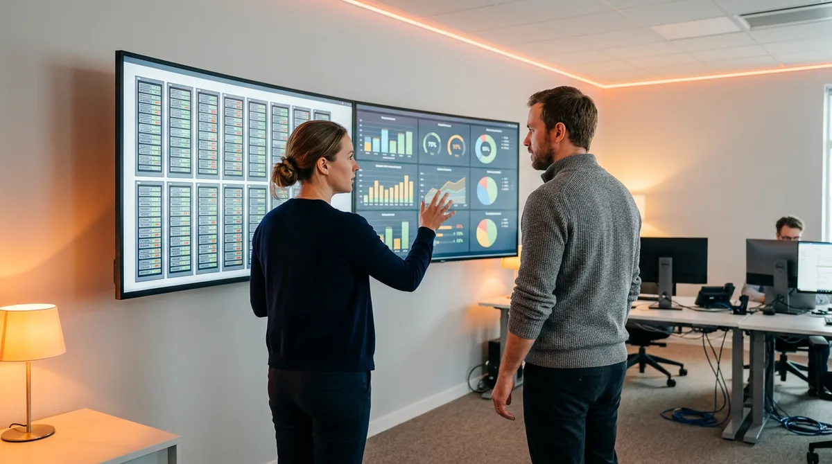 IT engineers reviewing a VMware migration status dashboard in a network operations room