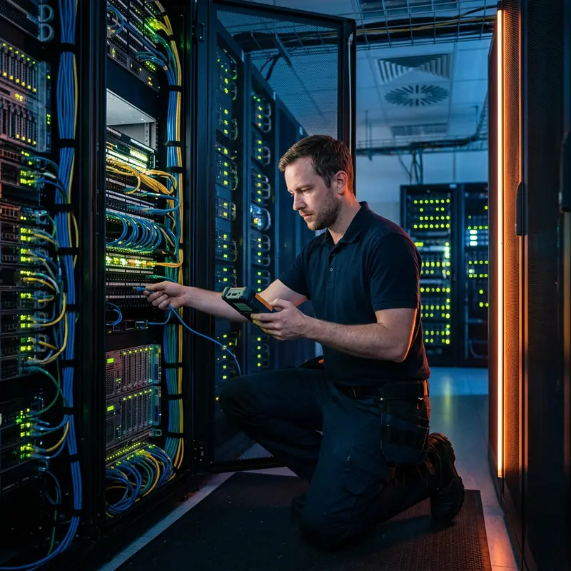 Contract network engineer testing cabling in a server rack during a platform migration
