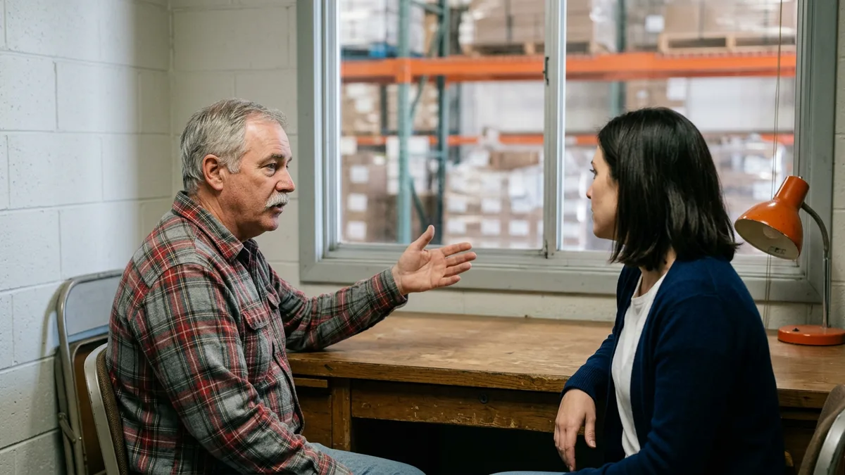 Long-tenured warehouse manager explaining the company's systems to a younger colleague in a warehouse office