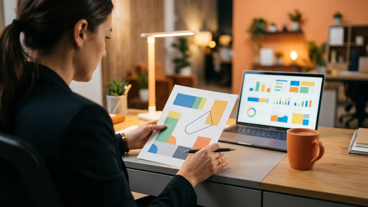 Manager reviewing a one-page weekly project burn report beside a laptop and an orange coffee mug